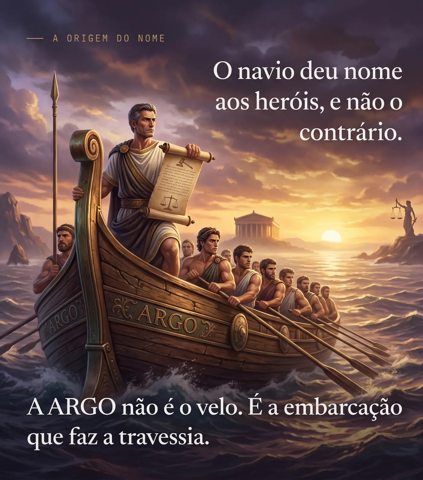 Ilustração do navio Argo levando os argonautas ao pôr do sol